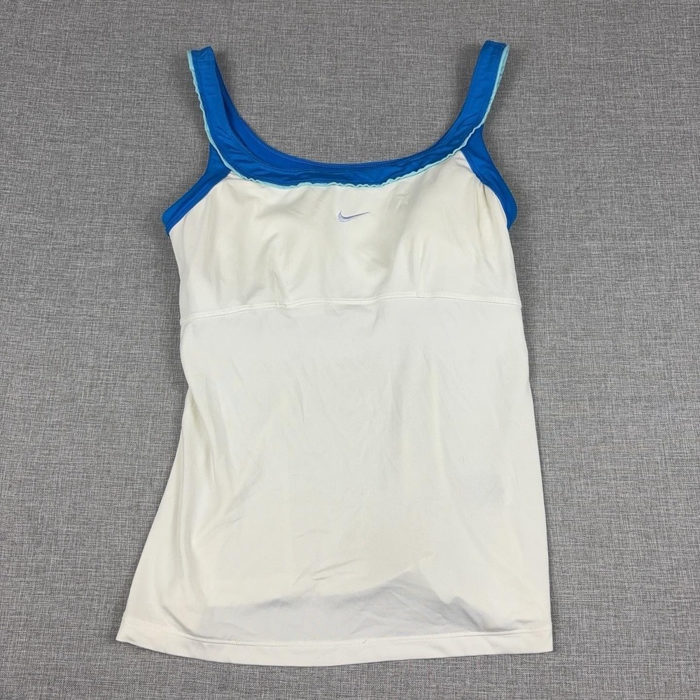 Nike Dri-FIT Tank Top Womens Medium White Blue Built In Bra Camisole Athletic